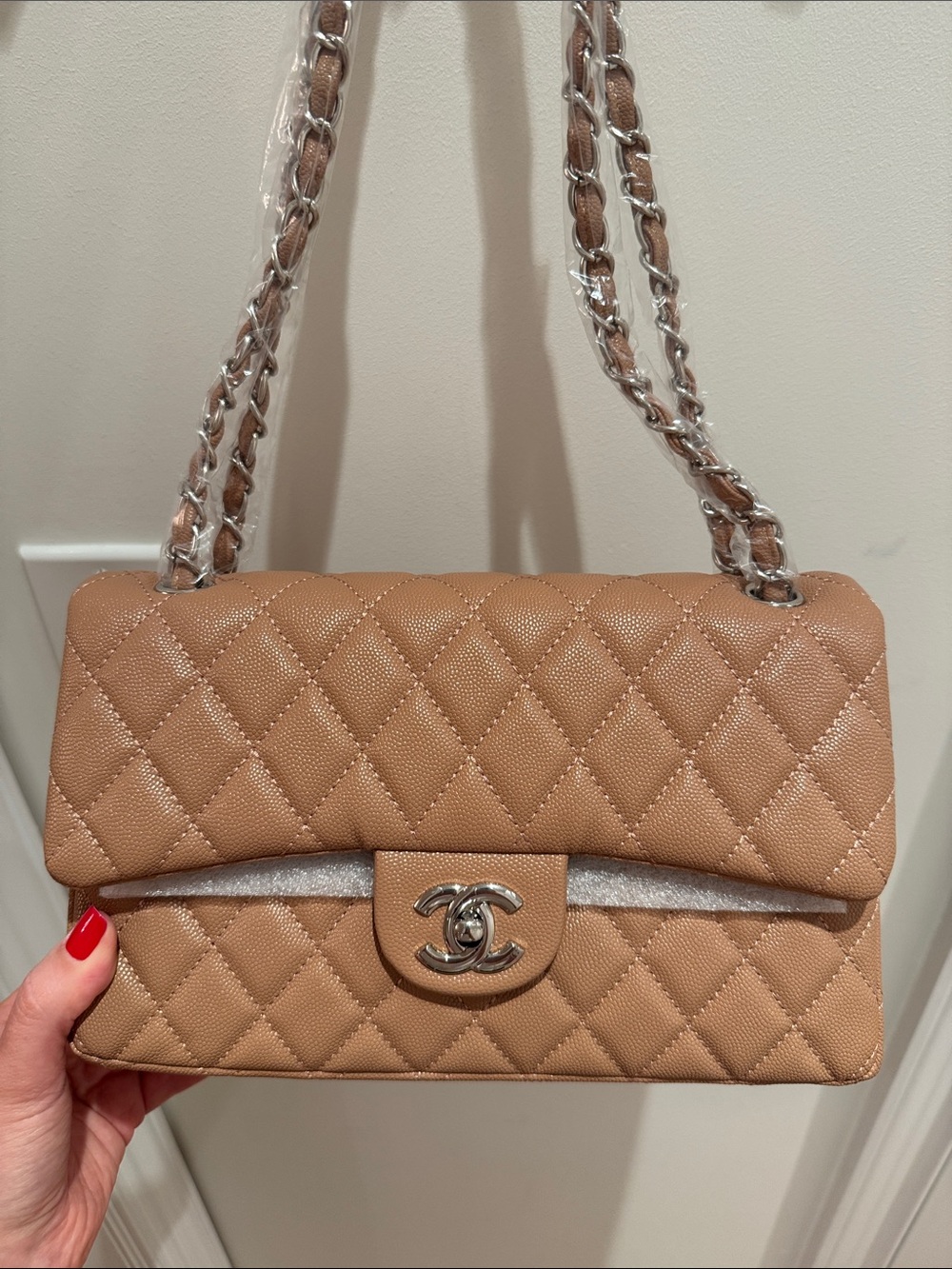 Chanel style beige and silver small caviar classic flap